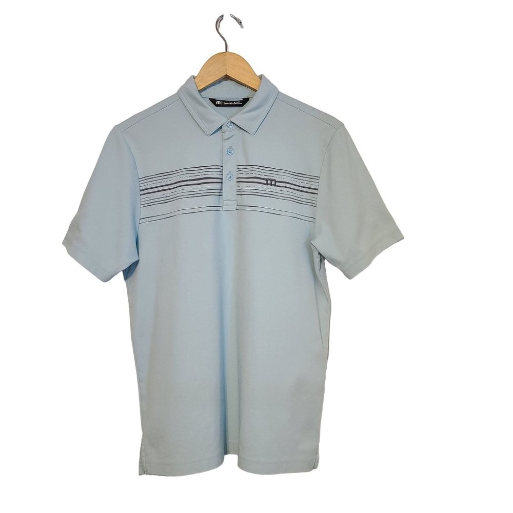 Travis Mathew Men's Light Blue Striped Short Sleeve Golf Polo Small Collared